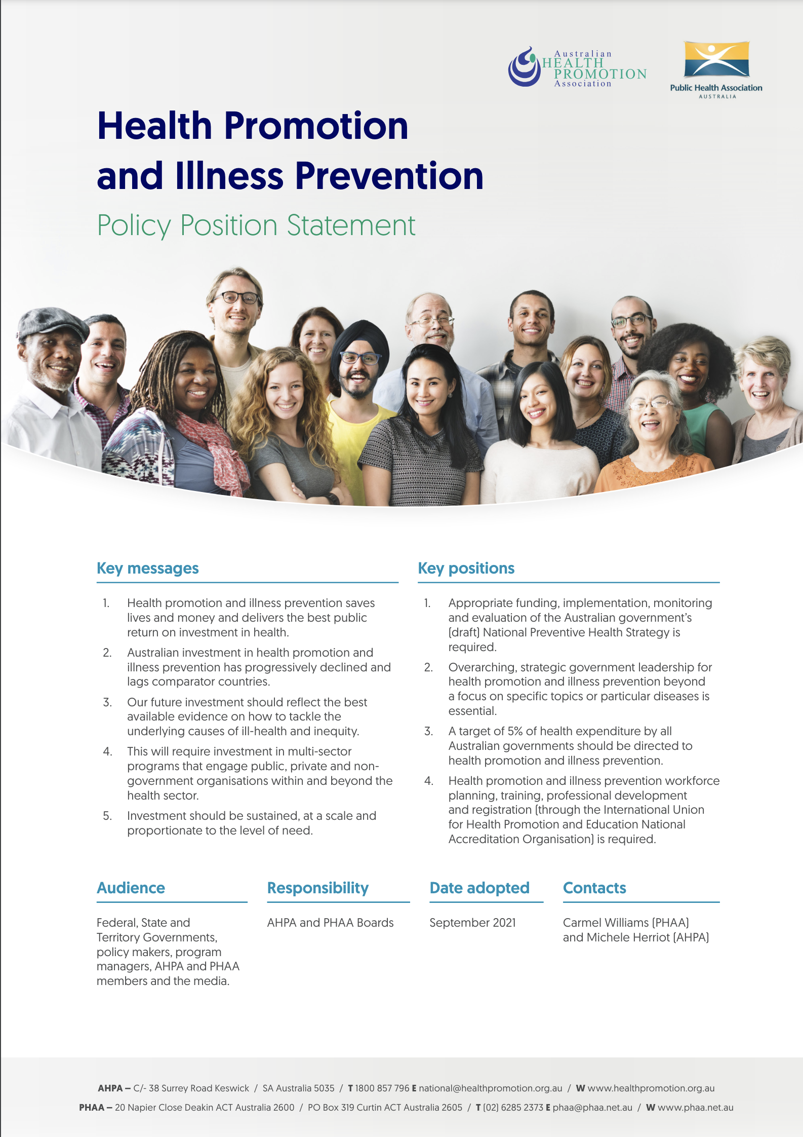 AHPA and PHAA Health Promotion and Illness Prevention Policy Position Statement